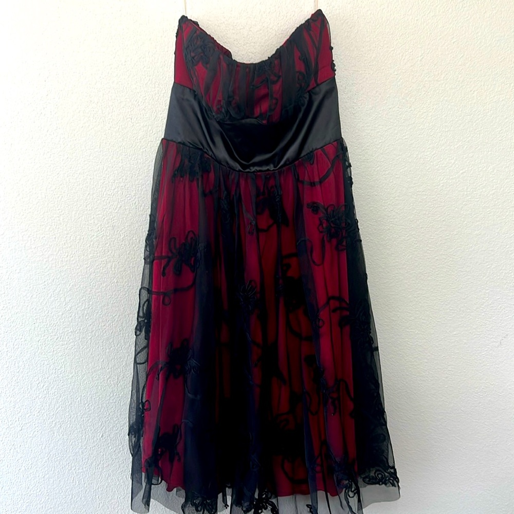 Studio Y strapless, formal dress, red and black sheer size 11/12